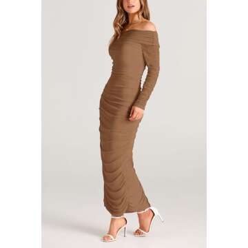 PRETTYGARDEN Women's Fall Off Shoulder Maxi Bodycon Dress Long Sleeve Ruched Fitted Club Dresses with Slit (Light Brown,Small)