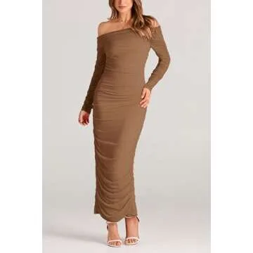 PRETTYGARDEN Women's Fall Off Shoulder Maxi Bodycon Dress Long Sleeve Ruched Fitted Club Dresses with Slit (Light Brown,Small)