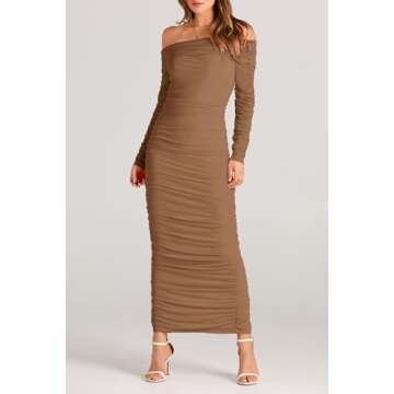 PRETTYGARDEN Women's Fall Off Shoulder Maxi Bodycon Dress Long Sleeve Ruched Fitted Club Dresses with Slit (Light Brown,Small)