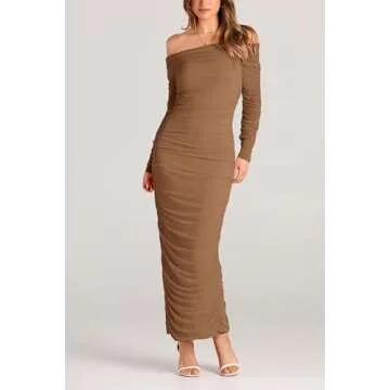 PRETTYGARDEN Women's Fall Off Shoulder Maxi Bodycon Dress Long Sleeve Ruched Fitted Club Dresses with Slit (Light Brown,Small)