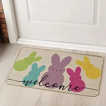 Welcome Easter Decorative Doormat, Seasonal Rug Spring Bunny Sign Floor Mat Switch Mat for Indoor Outdoor 17 x 29 Inch DM052