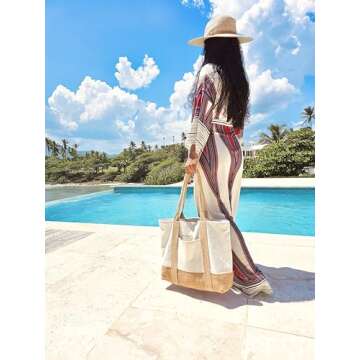 TRIBECA TRIBE Beach Bag - Large Woven Beach Tote Bag - Boho Chic Travel Tote Bag With Hat Holder (Wi...