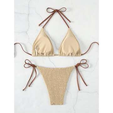 Trendy COZYEASE Women's 2 Piece Bikini Smocked Halter Set for Beachwear Khaki