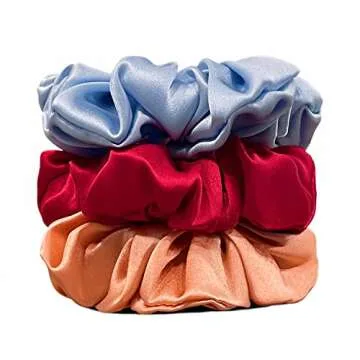 Suncdelv Silk,100% Silk Scrunchies for Hair,22 Momme Hair Ties for Anti-Crease & Breakage,Natural Women Hair Accessories，Fashion Hairbands 3PCS(Blue,Red,Pink）