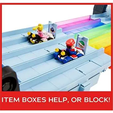 Hot Wheels Mario Kart Rainbow Road Raceway 8-Foot Track Set with Lights & Sounds & 2 1:64 Scale Vehicles, Race with 5-Track Colorful Course with 2 Configurations