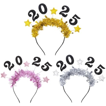 KIPETTO 2025 Headband Happy New Year Headband Tiara 3Pcs Glitter Sparkles New Year Eve Hair Accessor...