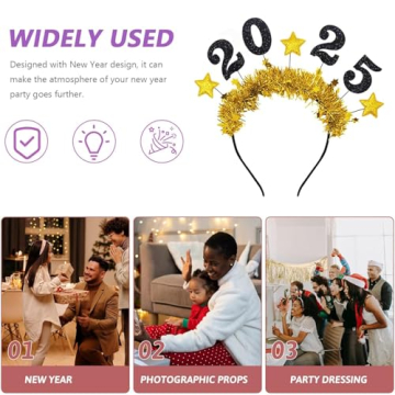 KIPETTO 2025 Headband Happy New Year Headband Tiara 3Pcs Glitter Sparkles New Year Eve Hair Accessories New Years Party Favors Supplies