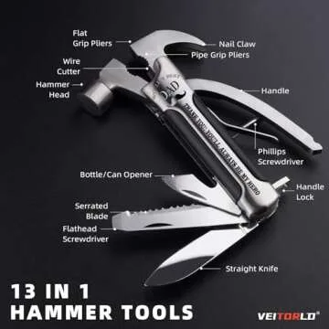 VEITORLD All in One Survival Tools Hammer Multitool with Engraved Wooden Box for Dads, Ideal Christm...