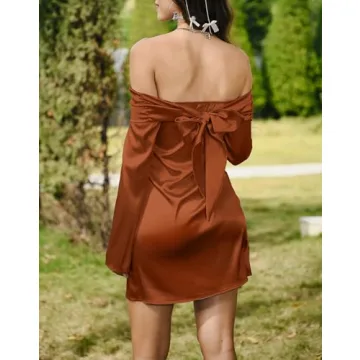 HYPERFIRE Women's Elegant Satin Off The Shoulder Mini Dress