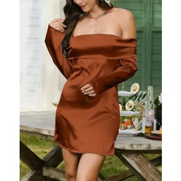 HYPERFIRE Women's Elegant Satin Off The Shoulder Mini Dress