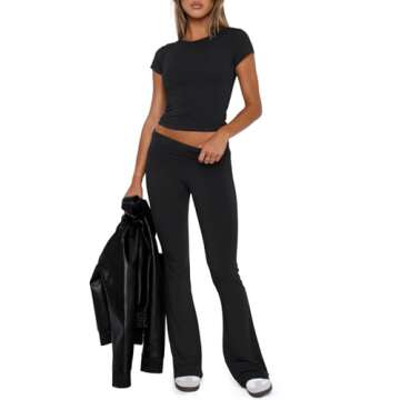 REORIA Women's Summer Casual Outfits Pajama Sets Crew Neck Short Sleeve Crop Top Fold Over Flare Pants Y2K Soft 2 Piece matching Lounge Sets Black Medium