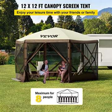 VEVOR Camping Gazebo Screen Tent, 12 * 12ft, 6 Sided Pop-up Canopy Shelter Tent with Mesh Windows, P...