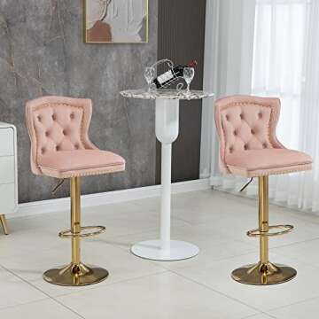 Kakotito Modern Bar Stools with Back and Footrest, Adjustable Counter Height Swivel Barstools with Gold Base for Kitchen Island,Pub & Dining Room (Set of 2, Pink)