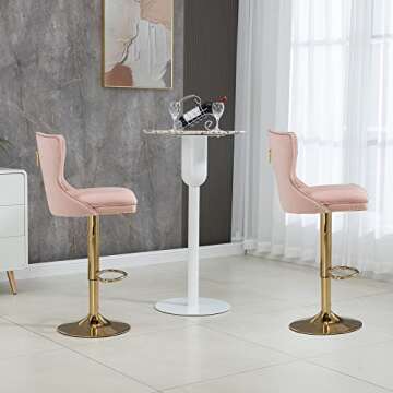 Kakotito Modern Bar Stools with Back and Footrest, Adjustable Counter Height Swivel Barstools with Gold Base for Kitchen Island,Pub & Dining Room (Set of 2, Pink)