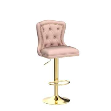Kakotito Modern Bar Stools with Back and Footrest, Adjustable Counter Height Swivel Barstools with Gold Base for Kitchen Island,Pub & Dining Room (Set of 2, Pink)