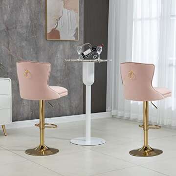 Kakotito Modern Bar Stools with Back and Footrest, Adjustable Counter Height Swivel Barstools with Gold Base for Kitchen Island,Pub & Dining Room (Set of 2, Pink)