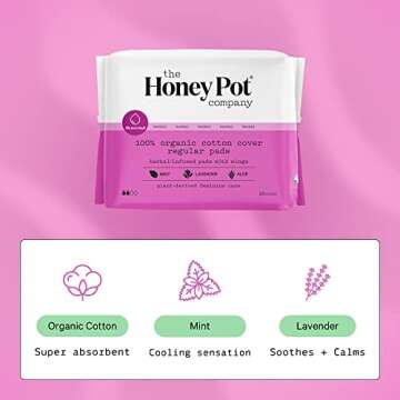 The Honey Pot Company Clean Cotton Regular Absorbency Pads, Herbal-Infused Pads with Wings, Plant-De...