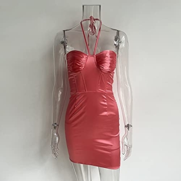 XLLAIS Sleeveless Satin Mini Dresses for Women Sexy Evening Party Strapless Tube Bodycon Outfits(Pin...