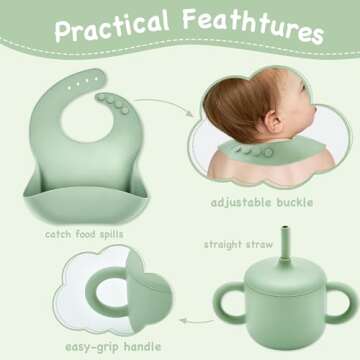 Bufims Silicone Baby Feeding Set, Baby Led Weaning Supplies, Eating Essentials Utensils with Suction Plate and Bowl, Pocket Bib, Sippy Cup with Lid, Forks Spoons Snack Container, for 6+ Months, Green