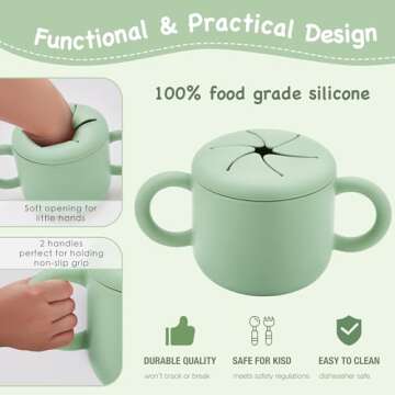 Bufims Silicone Baby Feeding Set, Baby Led Weaning Supplies, Eating Essentials Utensils with Suction Plate and Bowl, Pocket Bib, Sippy Cup with Lid, Forks Spoons Snack Container, for 6+ Months, Green