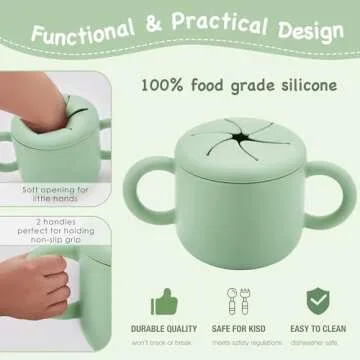 Bufims Silicone Baby Feeding Set, Baby Led Weaning Supplies, Eating Essentials Utensils with Suction Plate and Bowl, Pocket Bib, Sippy Cup with Lid, Forks Spoons Snack Container, for 6+ Months, Green