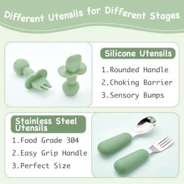 Bufims Silicone Baby Feeding Set, Baby Led Weaning Supplies, Eating Essentials Utensils with Suction Plate and Bowl, Pocket Bib, Sippy Cup with Lid, Forks Spoons Snack Container, for 6+ Months, Green