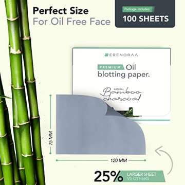 Premium Natural Bamboo Charcoal Oil Blotting Sheets for Face - 1x100 Sheets with Extra Large 5x3" Thick Blotting Paper for Oily Skin - Dispensable Portable Pack - Reduce Skin Acne - Makeup Friendly