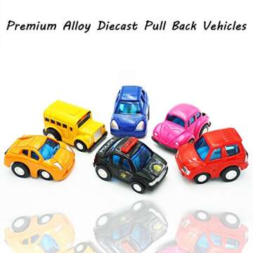 UiiQ Pull Back Die cast Vehicles 6 Pack Assorted Mini City Series Alloy Model Car Playset Police Sports Beetle Car and School Bus Truck SUV Style May Vary