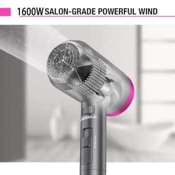 CONFU Ionic Blow Dryer 1600W, Portable Lightweight Fast Drying Negative Ion Hairdryer Blowdryer, 3 Heat Settings & Infinity Speed, with Diffuser and Concentrator Nozzle for Home & Travel