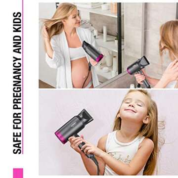 CONFU Ionic Blow Dryer 1600W, Portable Lightweight Fast Drying Negative Ion Hairdryer Blowdryer, 3 Heat Settings & Infinity Speed, with Diffuser and Concentrator Nozzle for Home & Travel