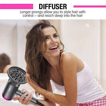 CONFU Ionic Blow Dryer 1600W, Portable Lightweight Fast Drying Negative Ion Hairdryer Blowdryer, 3 Heat Settings & Infinity Speed, with Diffuser and Concentrator Nozzle for Home & Travel