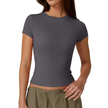 QINSEN Women's Casual Basic Going Out Tops Slim Fit Short Sleeve Crew Neck Tight T Shirts Dark Grey ...