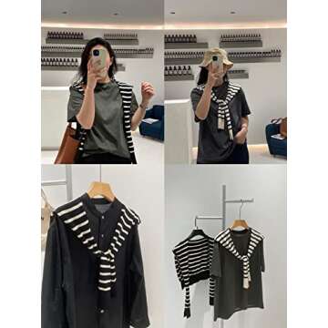 PAODIKUAI Women's Shawl Casual Solid Color Fake Sweater Cape Shoulder Fashion Wrap (Black Stripe)