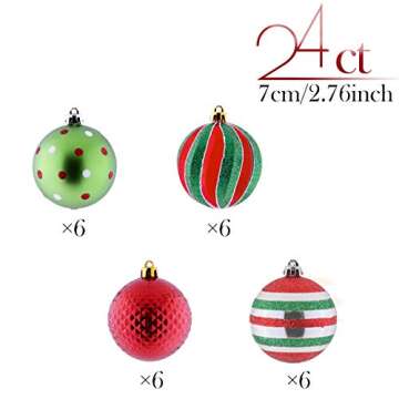 Valery Madelyn 24ct 70mm Joyful Red Green White Christmas Ball Ornaments, Shatterproof Christmas Tree Ornaments for Xmas Decoration