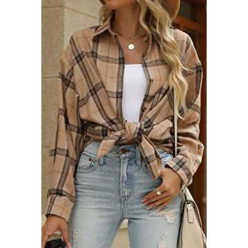 CHYRII Womens Button Down Flannel Shirts Long Sleeve Plaid Shacket Business Casual Blouse Topss Khak...