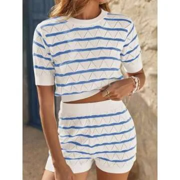 Tankaneo Womens 2 Piece Sweater Lounge Sets Striped Short Sleeve Crop Tops Elastic Waist Shorts Vacation Outfits, White Blue, Medium