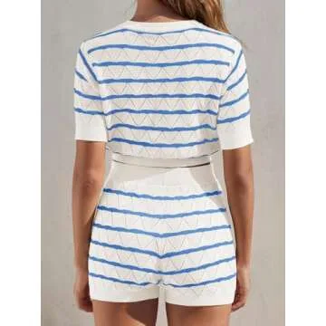 Tankaneo Womens 2 Piece Sweater Lounge Sets Striped Short Sleeve Crop Tops Elastic Waist Shorts Vacation Outfits, White Blue, Medium