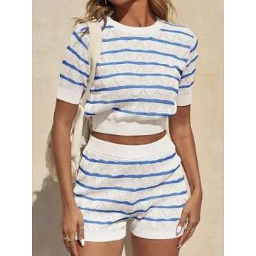 Tankaneo Womens 2 Piece Sweater Lounge Sets Striped Short Sleeve Crop Tops Elastic Waist Shorts Vacation Outfits, White Blue, Medium
