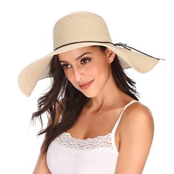 Lanzom Womens Wide Brim Straw Hat Big Floppy Foldable Roll up Cap Beach Sun Hat UPF 50+(String-Beige)