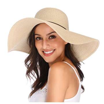 Lanzom Womens Wide Brim Straw Hat Big Floppy Foldable Roll up Cap Beach Sun Hat UPF 50+(String-Beige)