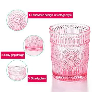 GLASS SMILE 6 Pack Romantic Water Glasses-10.5 OZ Pink Vintage Drinking Glasses Tumblers for Whisky, Beer, Juice, Beverages, Cocktail