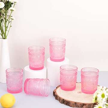 GLASS SMILE 6 Pack Romantic Water Glasses-10.5 OZ Pink Vintage Drinking Glasses Tumblers for Whisky, Beer, Juice, Beverages, Cocktail