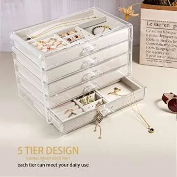 Acrylic Jewelry Organizer with 5 Drawers, Large Clear Jewelry Boxes for Women Gifts, Velvet jewlwey organizer container, Jewlery storage cases holders for necklaces earrings rings bracelets - Beige