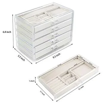 Acrylic Jewelry Organizer with 5 Drawers, Large Clear Jewelry Boxes for Women Gifts, Velvet jewlwey organizer container, Jewlery storage cases holders for necklaces earrings rings bracelets - Beige