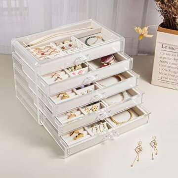 Acrylic Jewelry Organizer with 5 Drawers, Large Clear Jewelry Boxes for Women Gifts, Velvet jewlwey organizer container, Jewlery storage cases holders for necklaces earrings rings bracelets - Beige