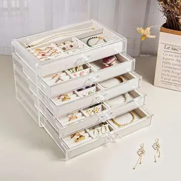 Acrylic Jewelry Organizer with 5 Drawers, Large Clear Jewelry Boxes for Women Gifts, Velvet jewlwey organizer container, Jewlery storage cases holders for necklaces earrings rings bracelets - Beige