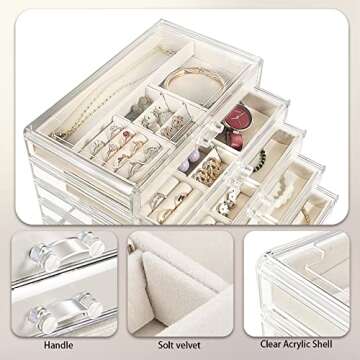 Acrylic Jewelry Organizer with 5 Drawers, Large Clear Jewelry Boxes for Women Gifts, Velvet jewlwey organizer container, Jewlery storage cases holders for necklaces earrings rings bracelets - Beige