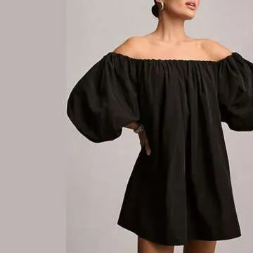 NUFIWI Women Puff Sleeve Mini Dress Off Shoulder Pleated Short Dress Lantern Sleeve Summer Casual Dr...
