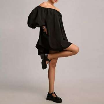 NUFIWI Women Puff Sleeve Mini Dress Off Shoulder Pleated Short Dress Lantern Sleeve Summer Casual Dresses Loose Sundress (Basic Black, S)
