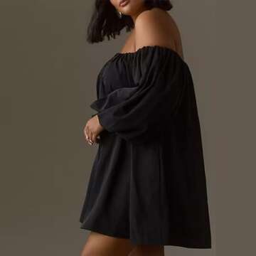 NUFIWI Women Puff Sleeve Mini Dress Off Shoulder Pleated Short Dress Lantern Sleeve Summer Casual Dresses Loose Sundress (Basic Black, S)